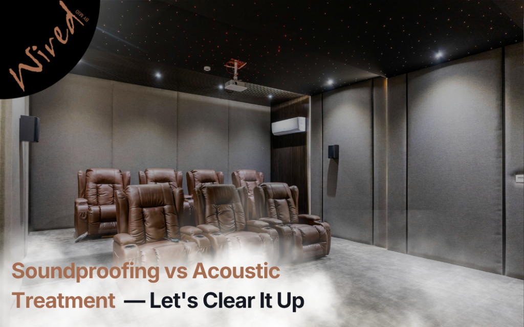 Soundproofing and acoustic treatment elements in a home cinema, highlighting wall insulation, acoustic panels, and sound control solutions for improved audio performance.