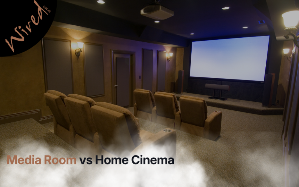 Modern media room and dedicated home cinema displayed side by side, highlighting differences in layout, screen size, seating, and entertainment experience.