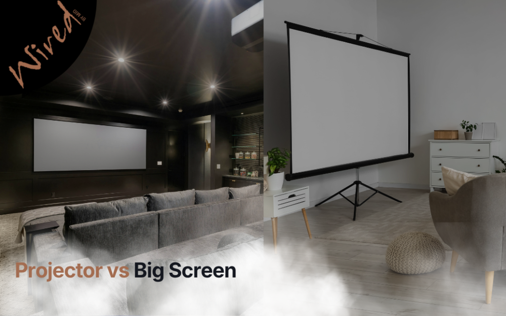 Projector and large-screen TV displayed in a modern home theatre, comparing immersive viewing experiences for home entertainment.