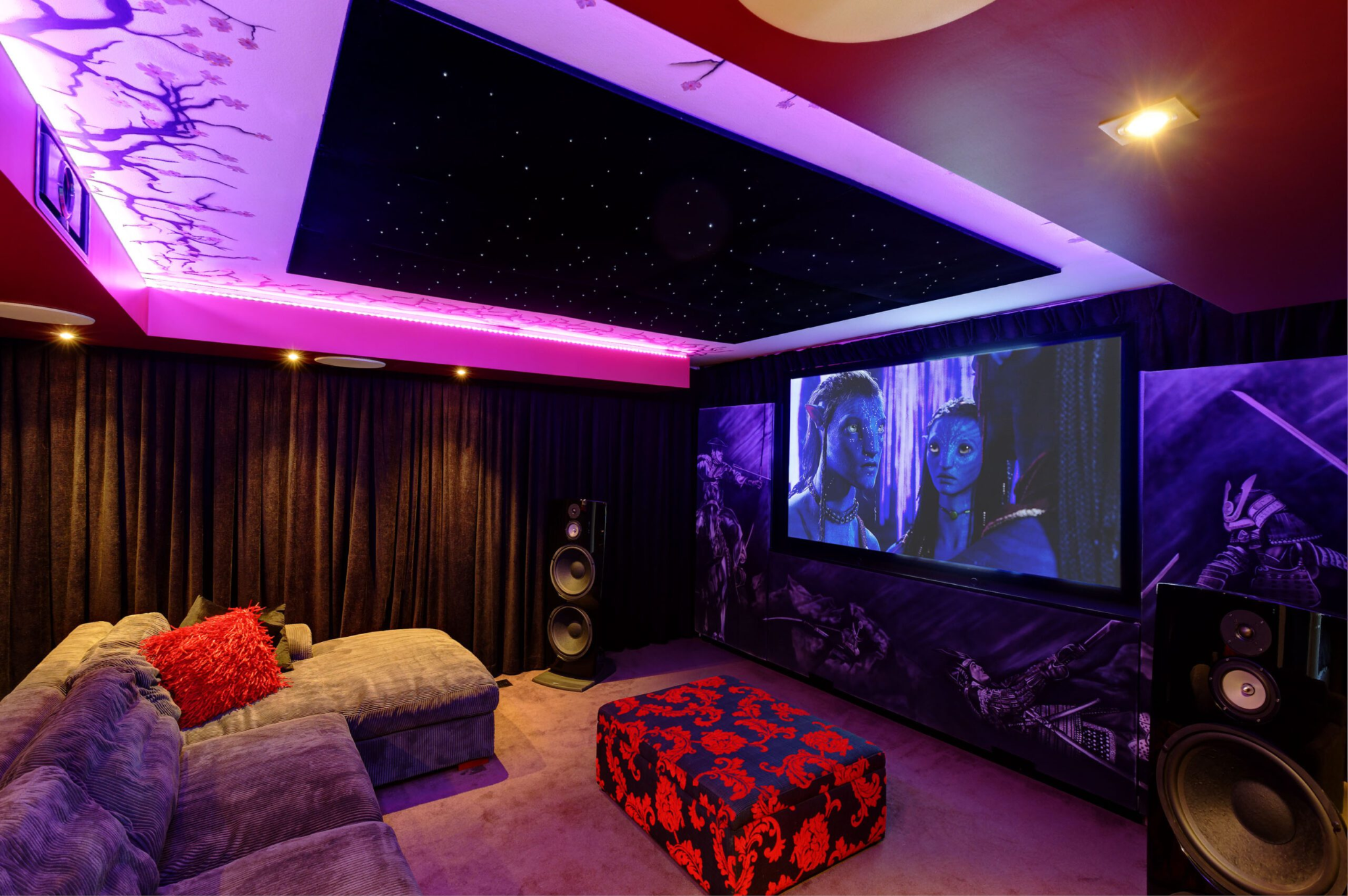 Luxury cinema interior with premium finishes, custom cabinetry, and integrated home theatre design